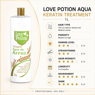 Love Potion Aqua de Arroz application guide for medium-thickness, porous, dry and blonde hair