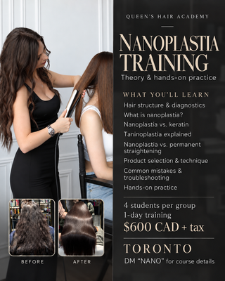 Nanoplastia training at Queen’s Hair Academy in Toronto — one-day course with hands-on practice and before-and-after results